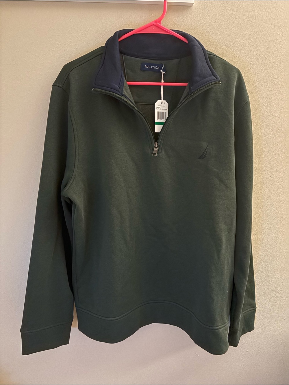 Nautica Men's Dark Green Quarter-Zip Sweater with Navy Collar